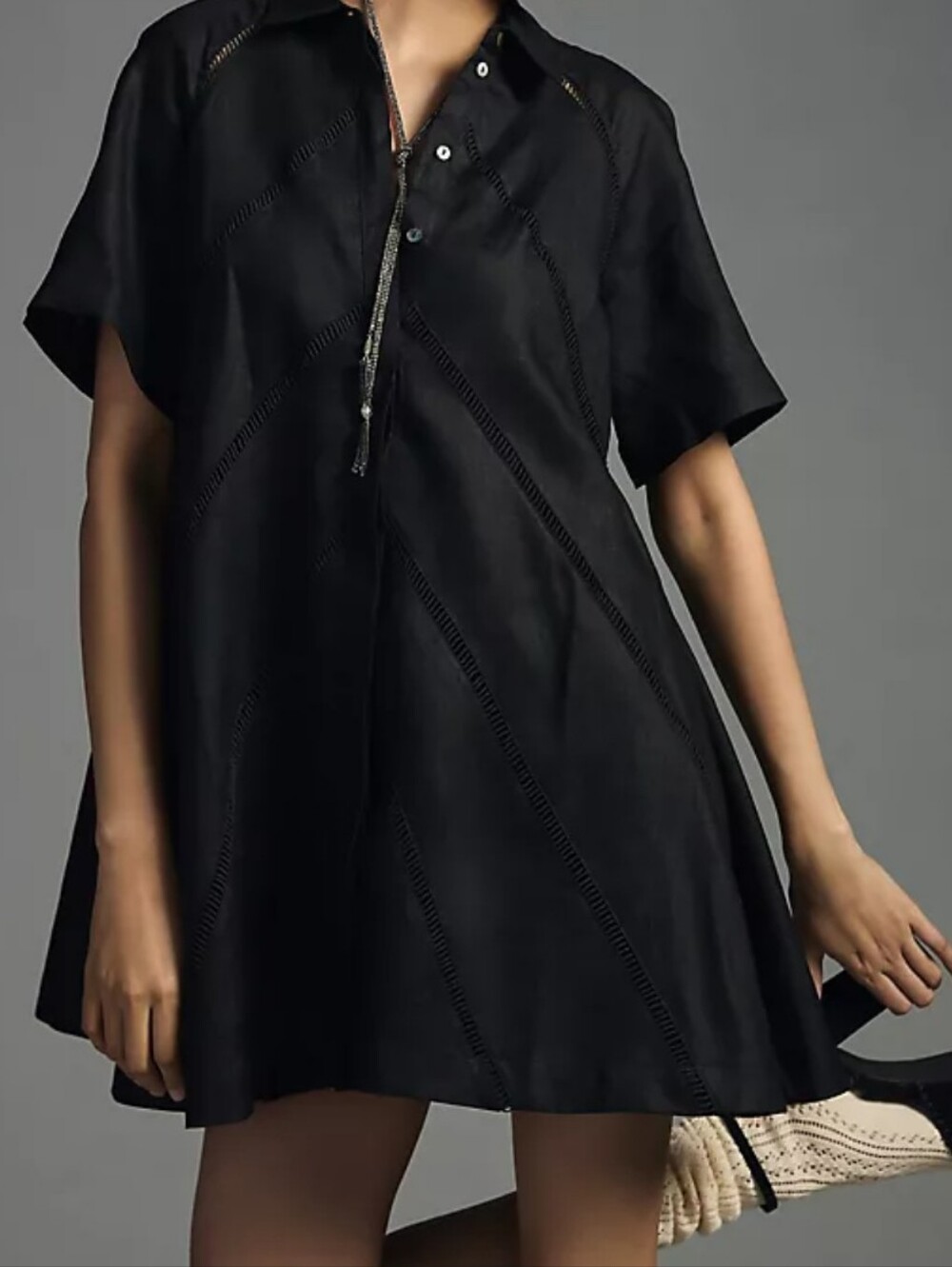 Josl8n Black Short Sleeve A-Line Tunic Dress 100% Linen Baum Cotton Lining 6